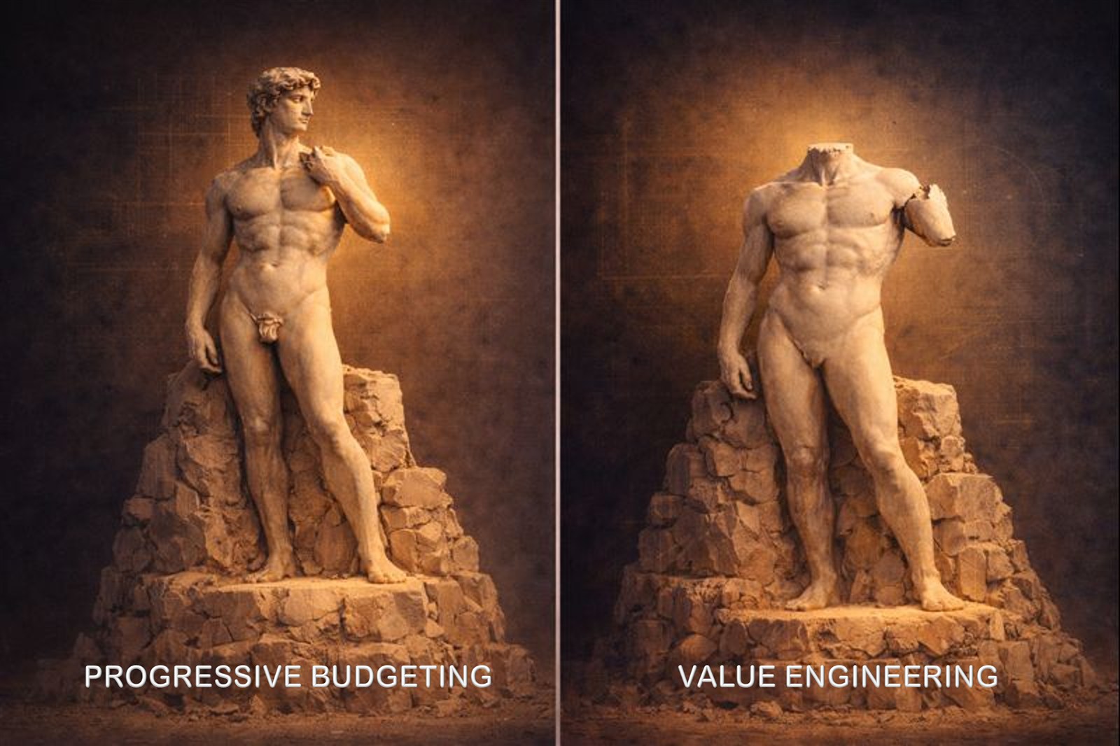 A complete classical sculpture contrasted with one cut apart, representing progressive budgeting versus late value engineering