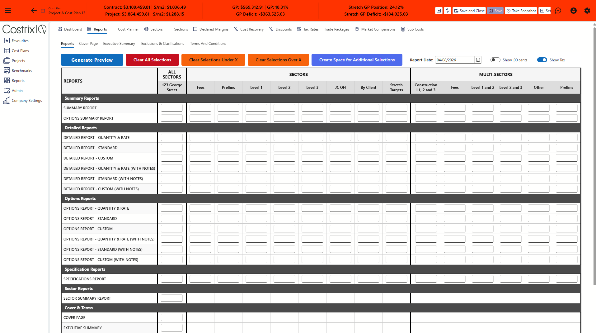 CostrixIQ reporting dashboard presenting project information in a client-focused format