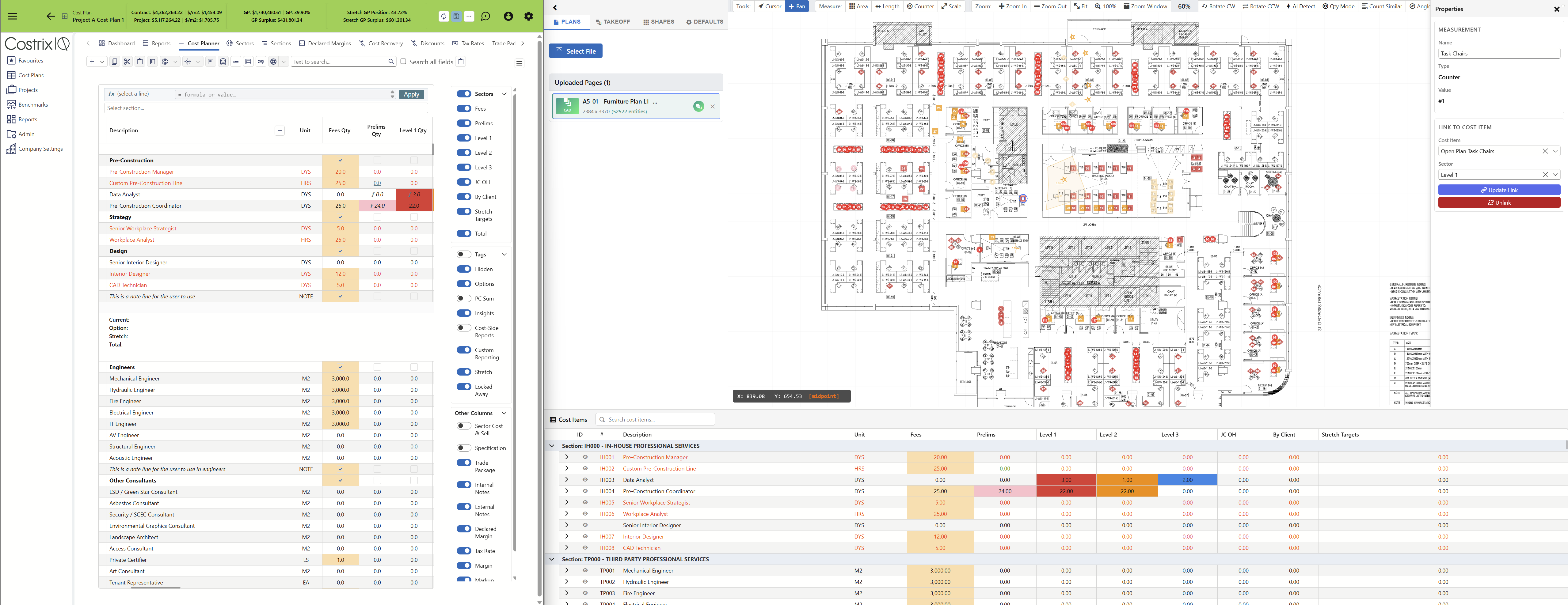 CostrixTakeoff showing detailed take-off measurements connected with CostrixIQ cost planning data